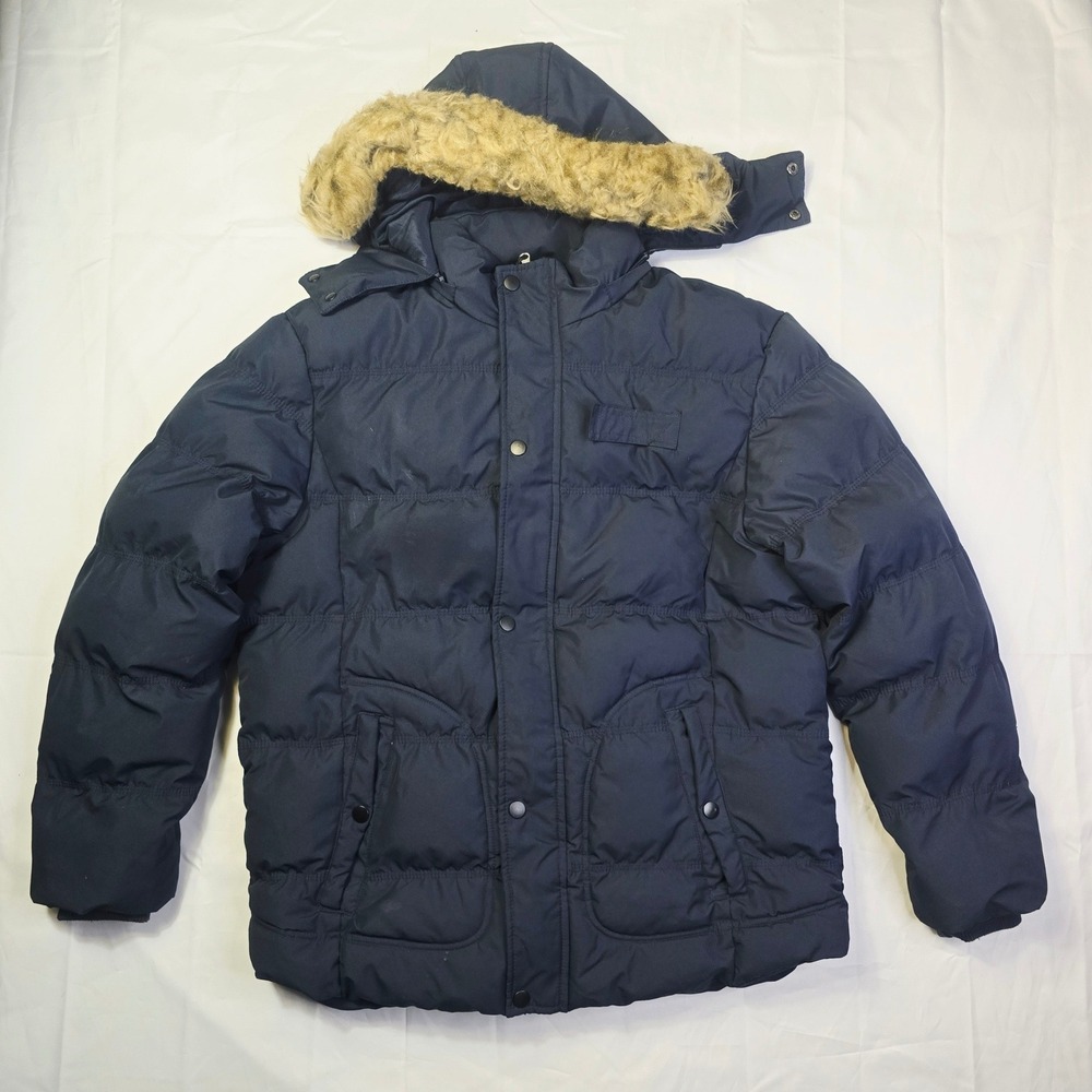 Wantdo Men's Puffer Parka Jacket Size XL Navy Blue Faux Fur Hood Quilted Coat J3